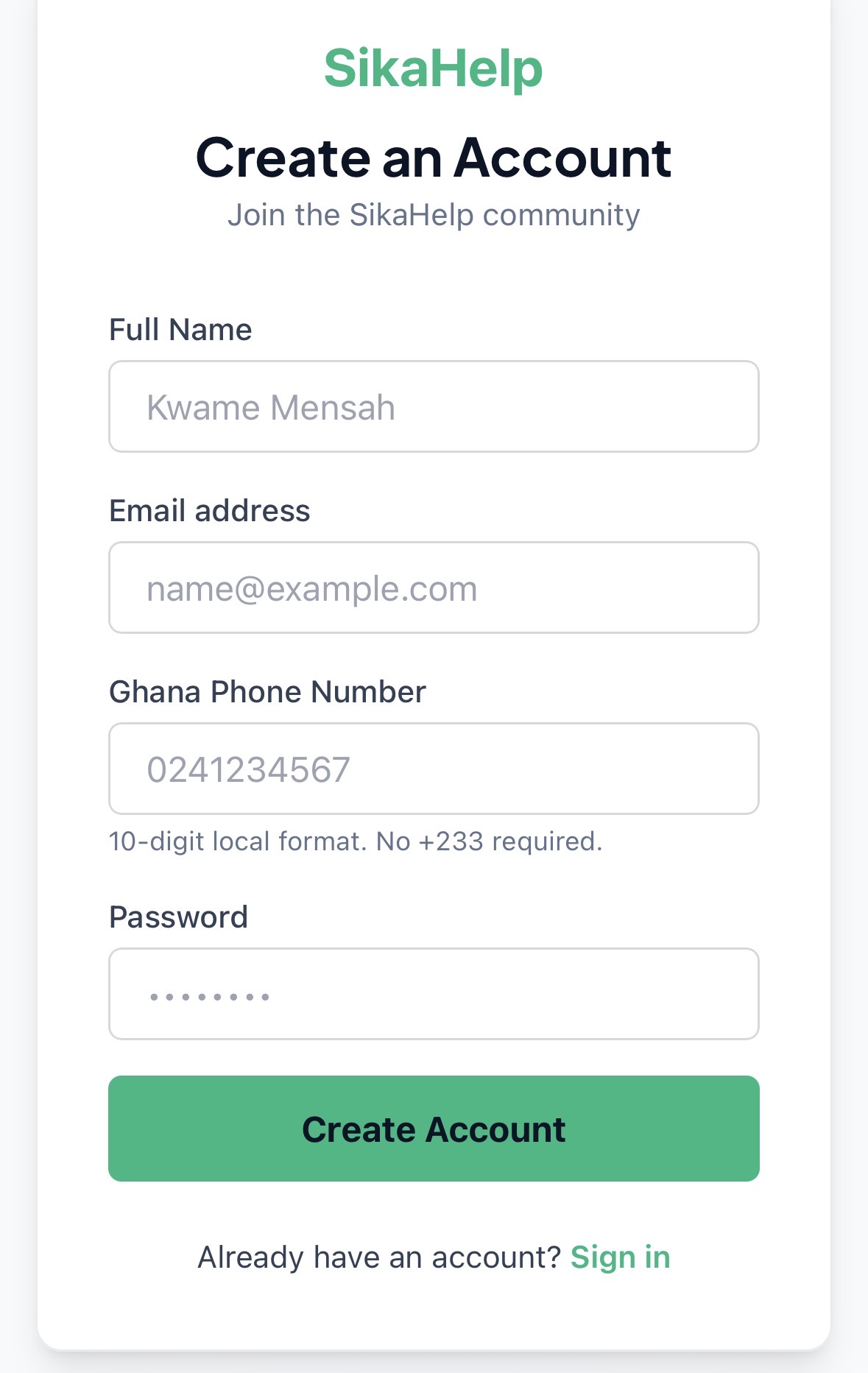 SikaHelp Signup